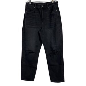 AMERICAN EAGLE Sz 12 Mom Straight Jeans Black Distressed High Rise Ripped Knee
